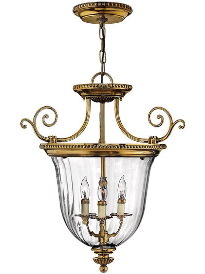 Cambridge 3 Light Foyer Pendant with Ribbed Glass Shade in Burnished Brass.